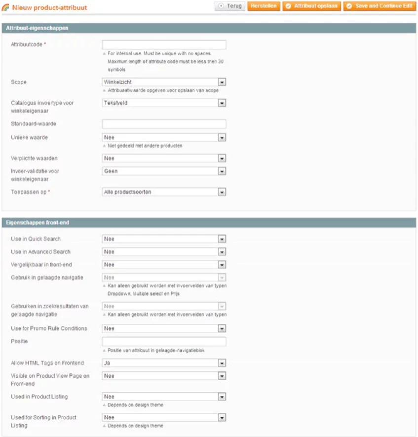 Screenshot nieuw product attribuut toevoegen Magento 1