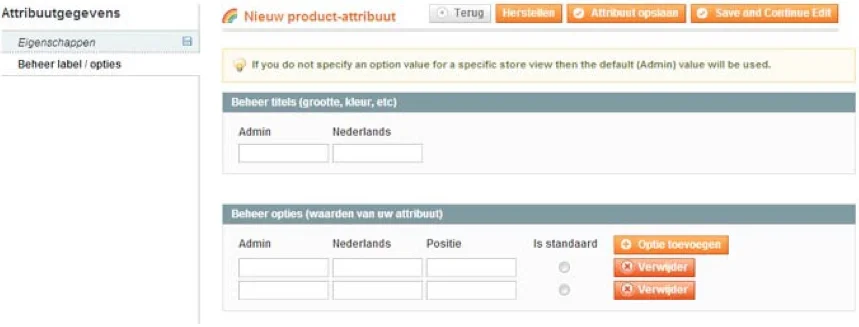 Screenshot waarden attribuut Magento 1