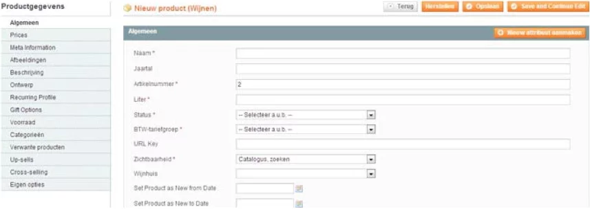 Screenshot algemene product configuratie Magento 1