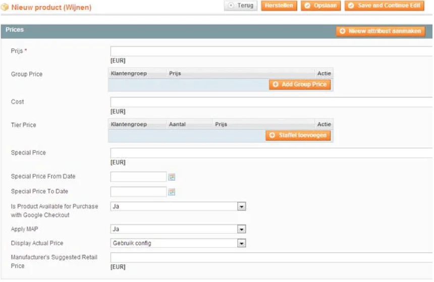 Screenshot nieuw product prijzen Magento 1