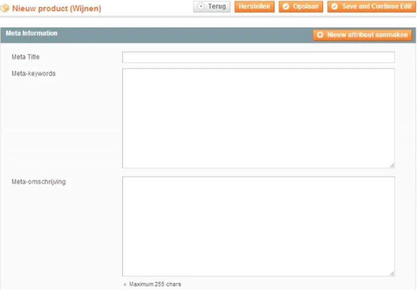 Screenshot nieuw product meta beschrijving Magento 1