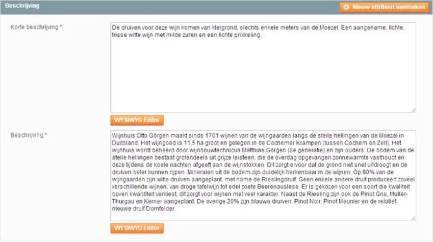 Screenshot nieuw product beschrijving Magento 1