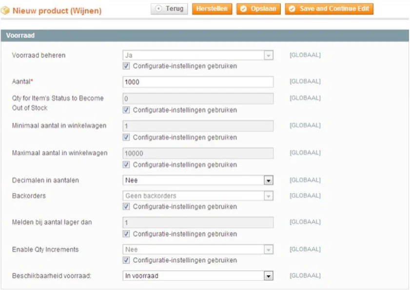 Screenshot nieuw product productconfiguratiepagina voorraad Magento 1