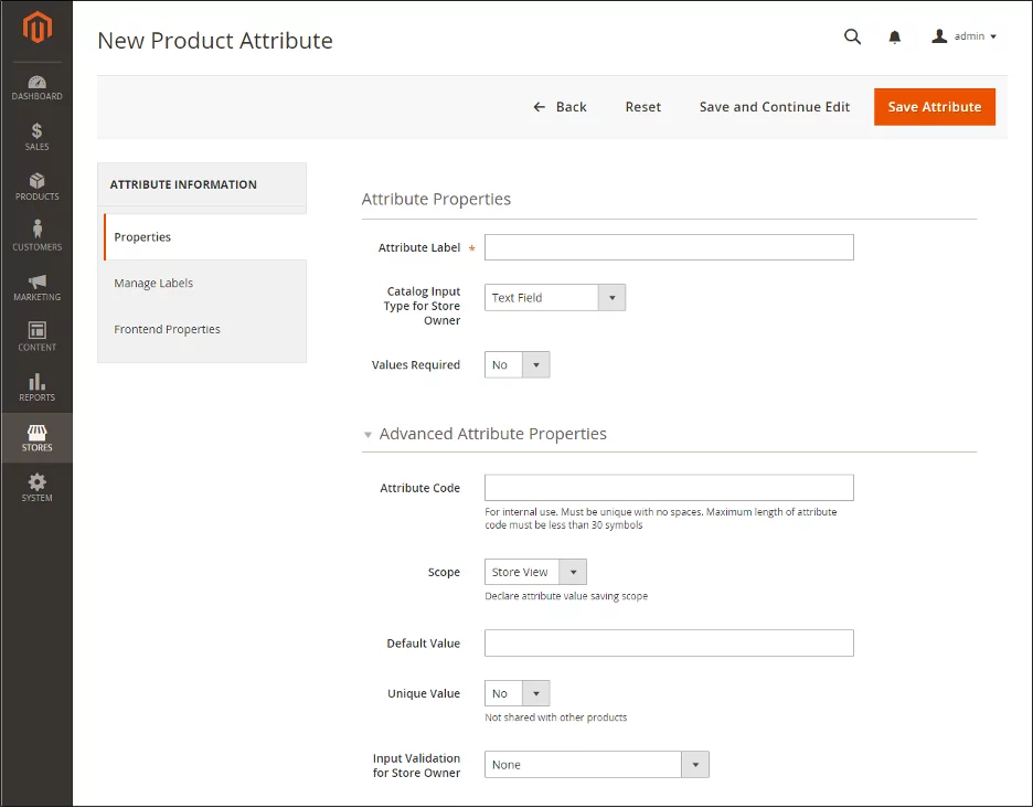 Screenshot nieuw product attribuut toevoegen Magento 2